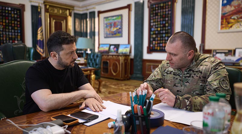 President Volodymyr Zelenskyy is briefed on the success of Operation Spider's Web by the Head of the Security Service of Ukraine General Vasyl Maliuk. Photo courtesy of President Zelenskyy's social media.